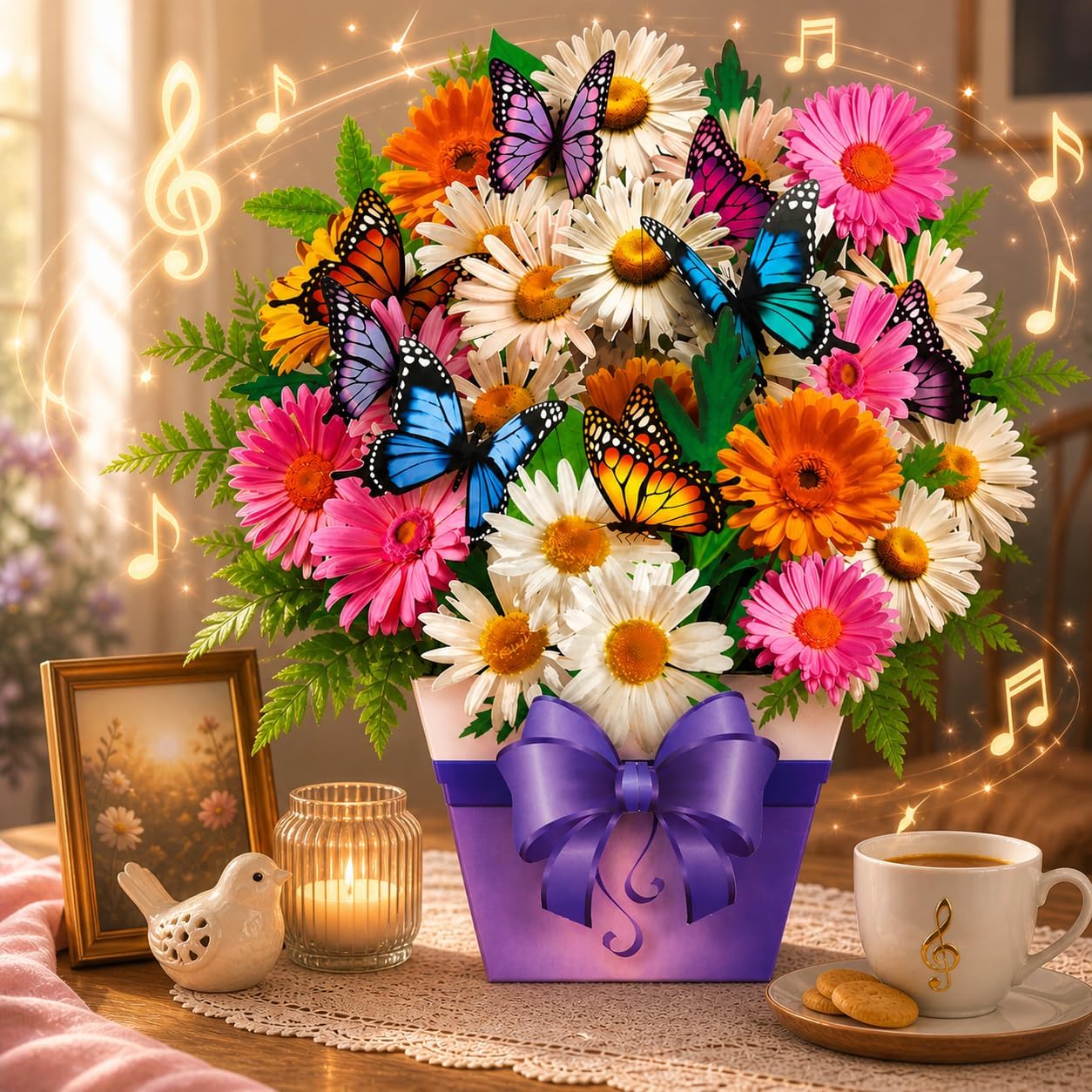 Mother's Day card with music and lights, 3D daisy bouquet with butterfly