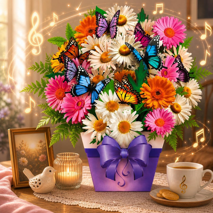 Mother's Day card with music and lights, 3D daisy bouquet with butterfly