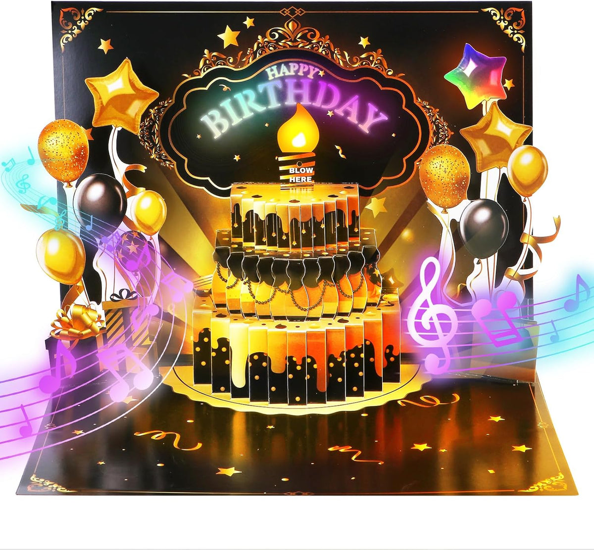 Gold Balloon Birthday Card – 3D Pop-Up with Music & Lights