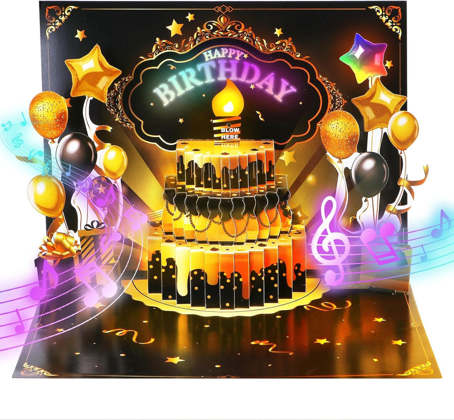 Gold Balloon Birthday Card – 3D Pop-Up with Music & Lights