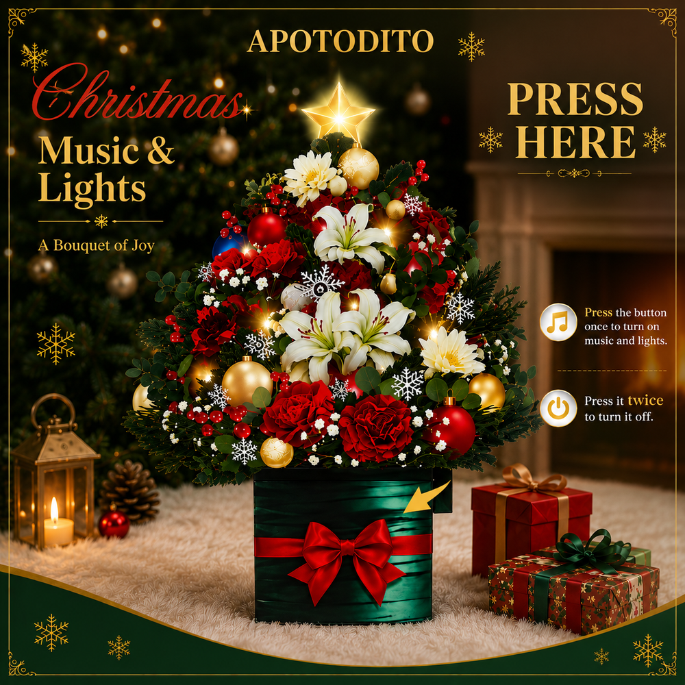 Christmas tree card with music and lights, 3D bouquet pop-up
