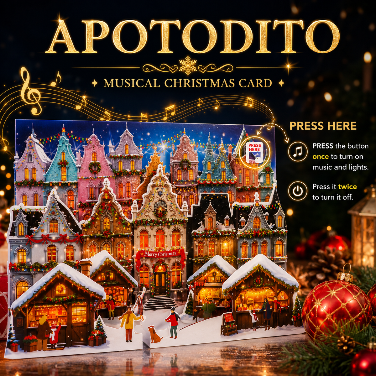 Christmas market card with music and lights, 3D pop-up scene