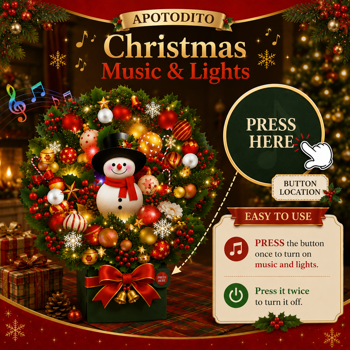 Christmas card with music and lights, 3D snowman bouquet pop-up