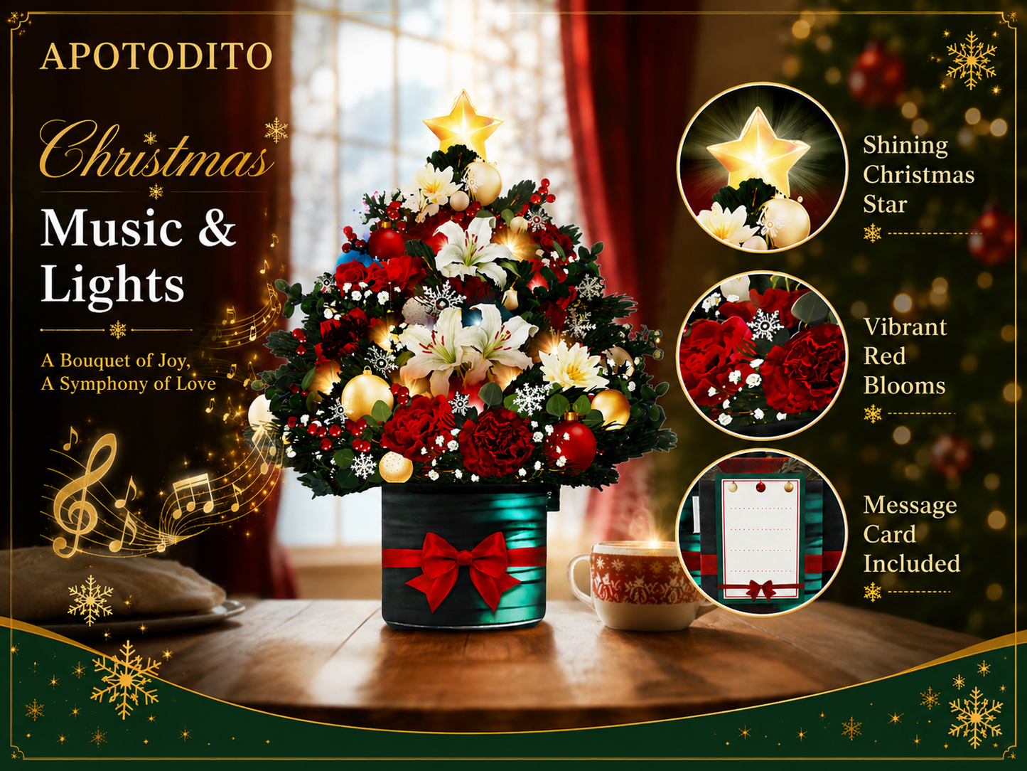 Christmas tree card with music and lights, 3D bouquet pop-up