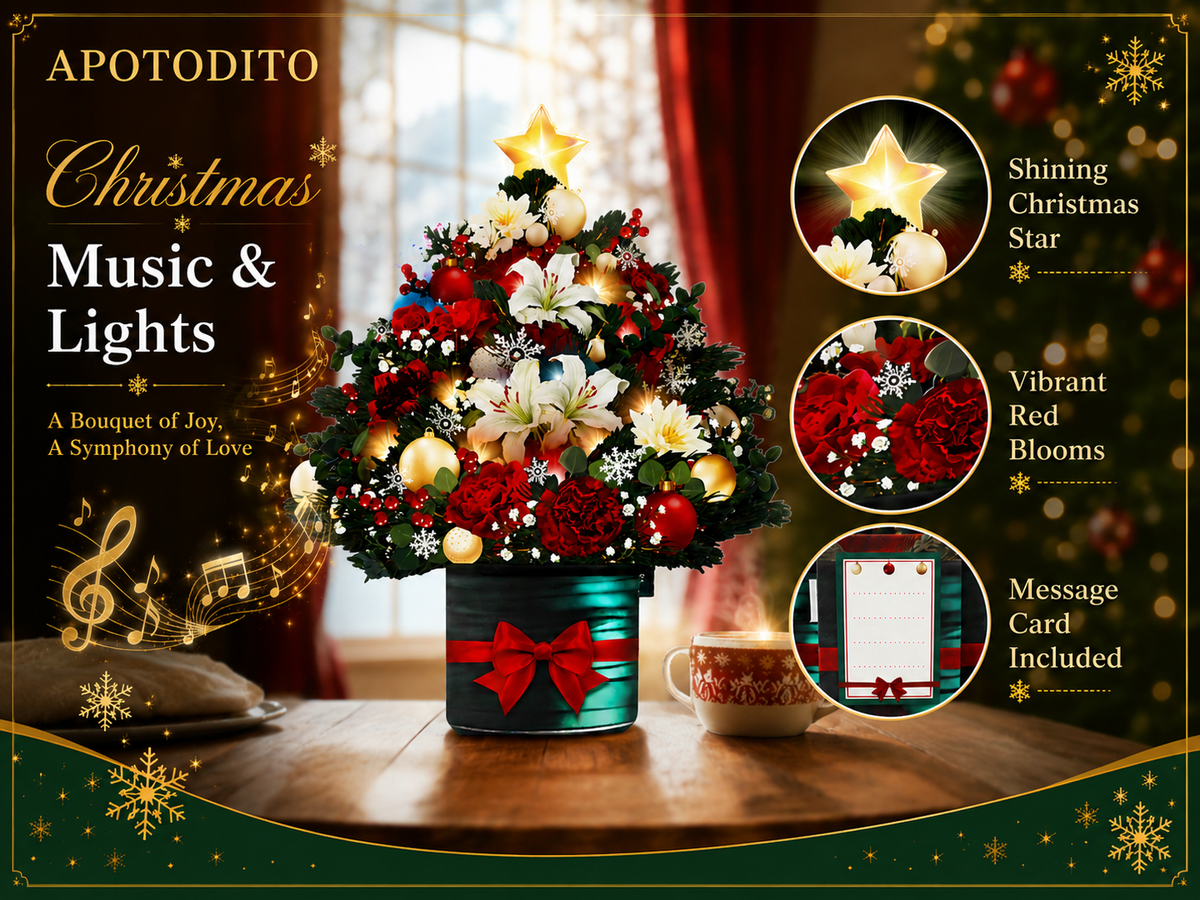 Christmas tree card with music and lights, 3D bouquet pop-up