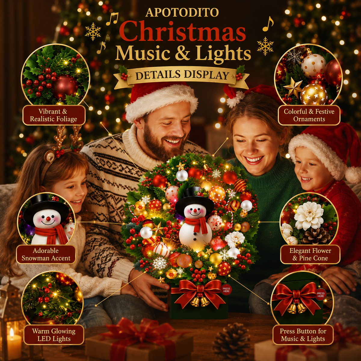 Christmas card with music and lights, 3D snowman bouquet pop-up