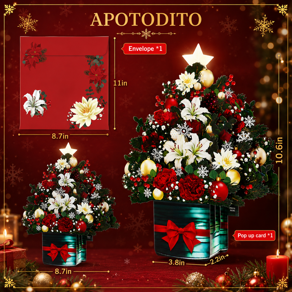 Christmas tree card with music and lights, 3D bouquet pop-up