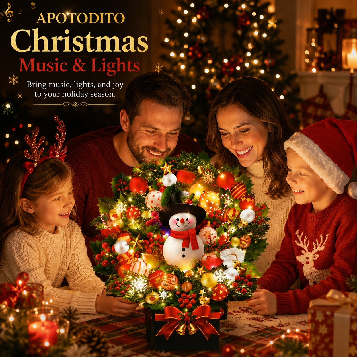 Christmas card with music and lights, 3D snowman bouquet pop-up