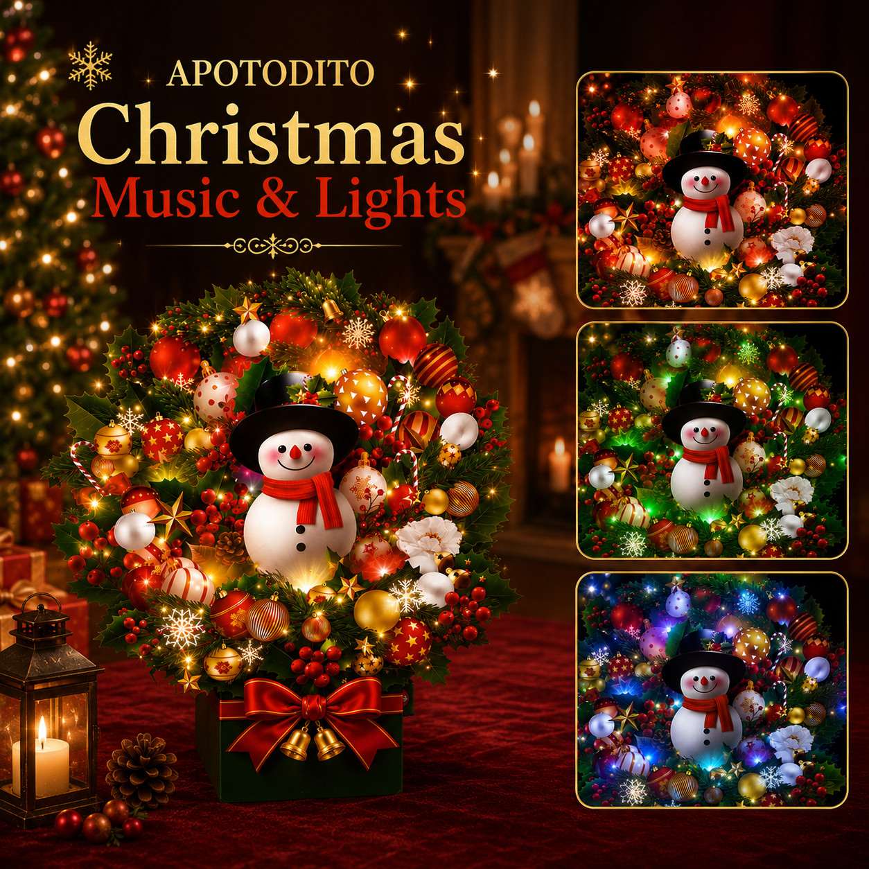 Christmas card with music and lights, 3D snowman bouquet pop-up
