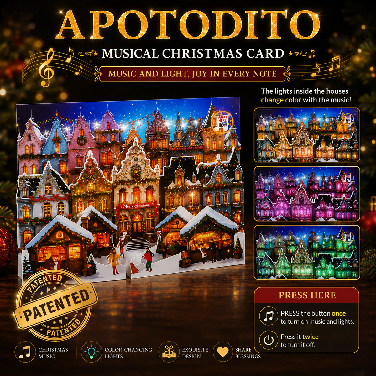 Christmas market card with music and lights, 3D pop-up scene