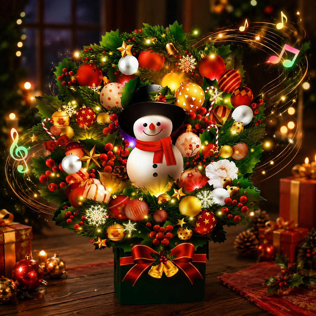 Christmas card with music and lights, 3D snowman bouquet pop-up