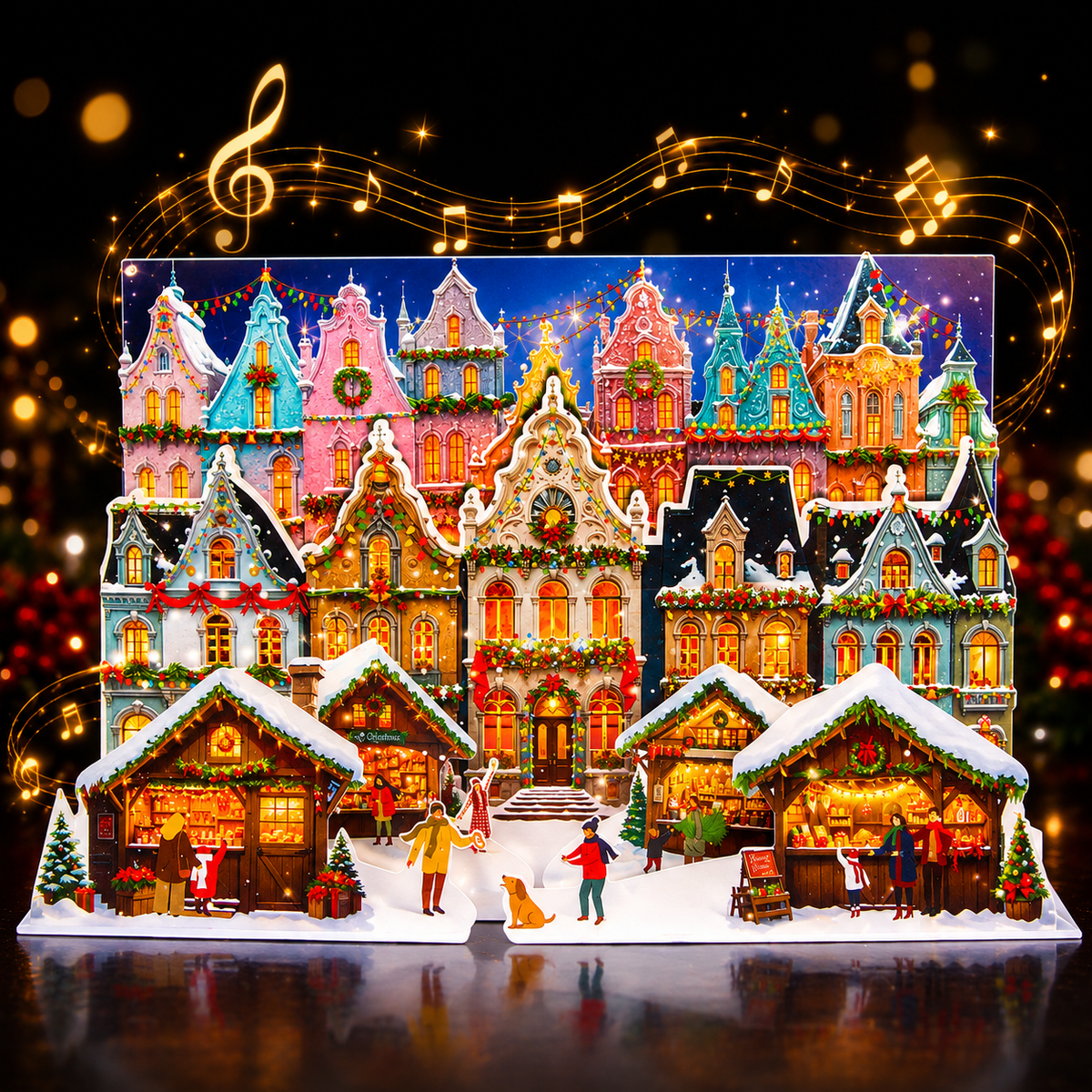 Christmas market card with music and lights, 3D pop-up scene