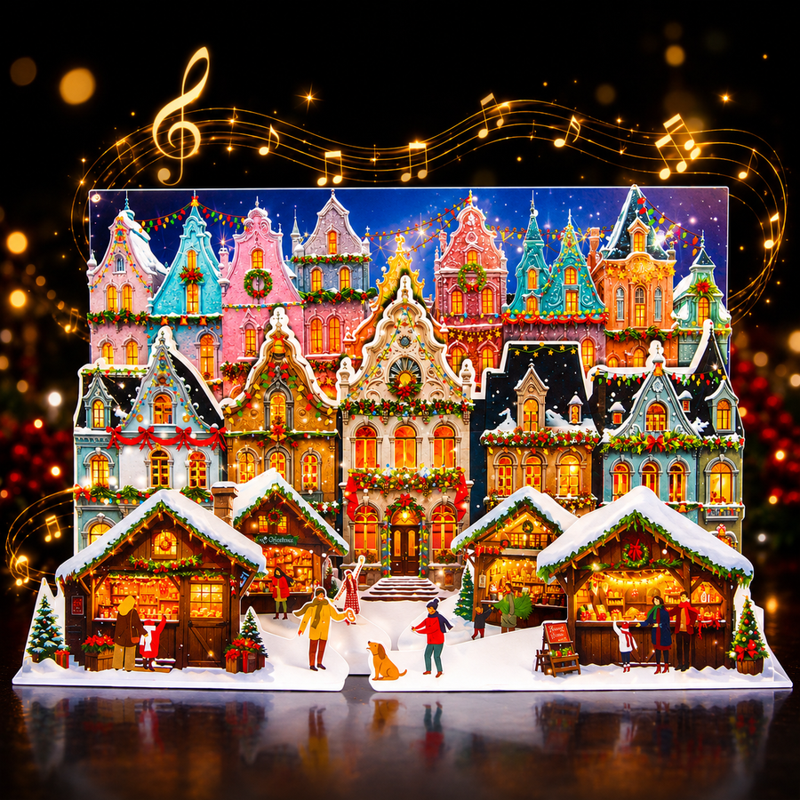 Christmas market card with music and lights, 3D pop-up scene