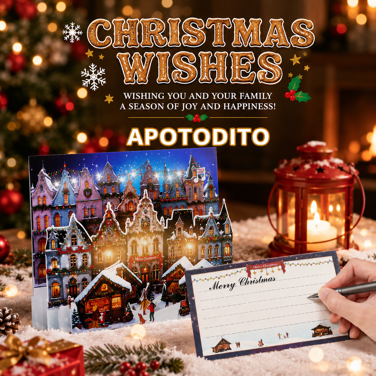Christmas market card with music and lights, 3D pop-up scene