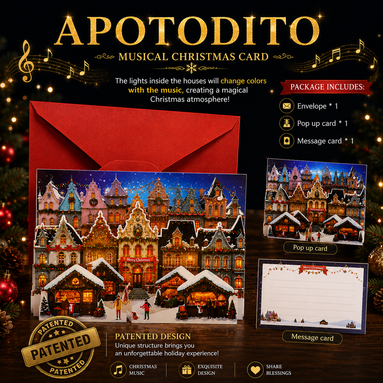Christmas market card with music and lights, 3D pop-up scene