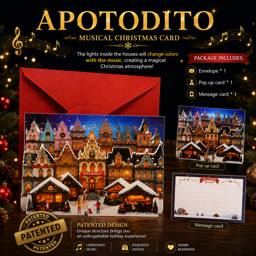 Christmas market card with music and lights, 3D pop-up scene