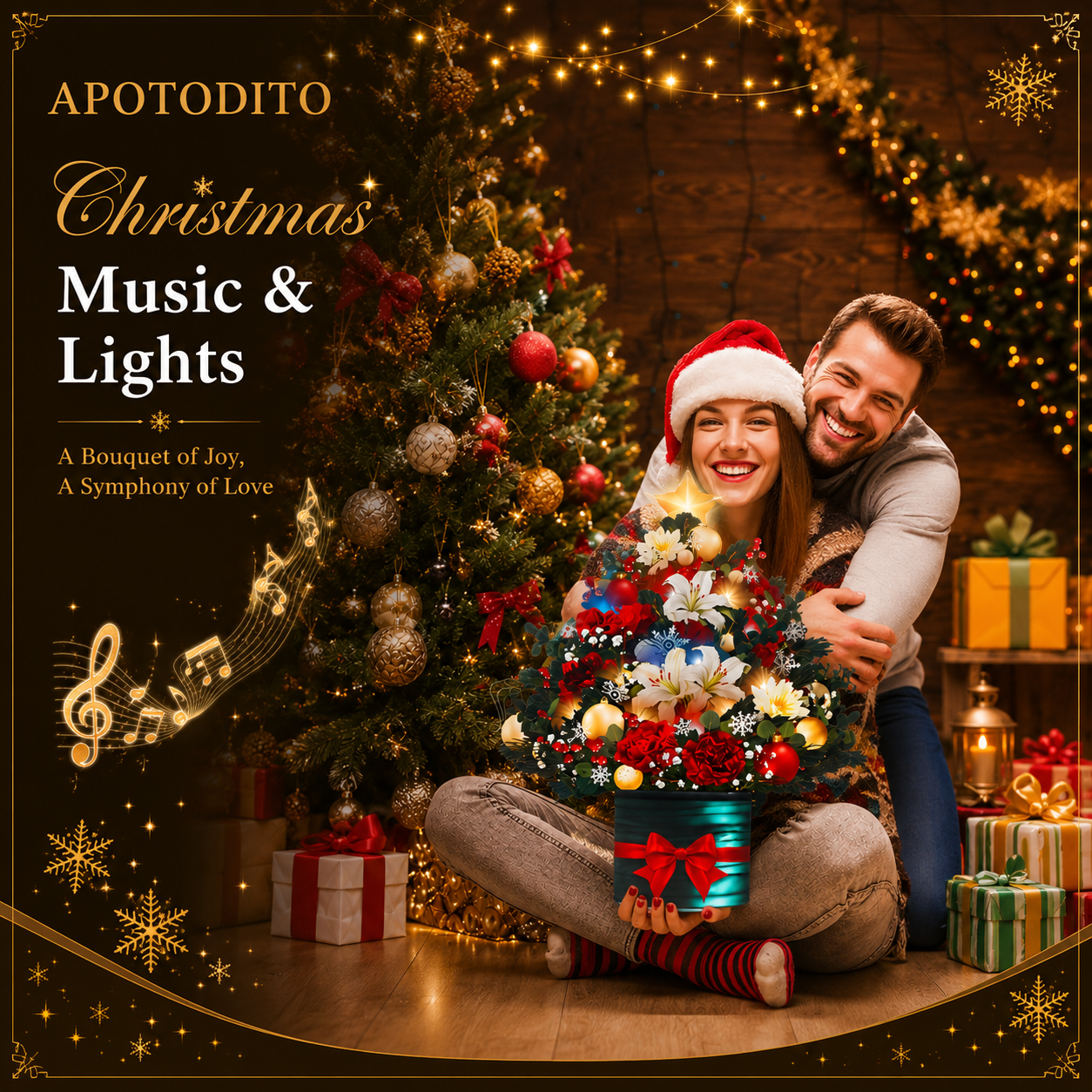 Christmas tree card with music and lights, 3D bouquet pop-up