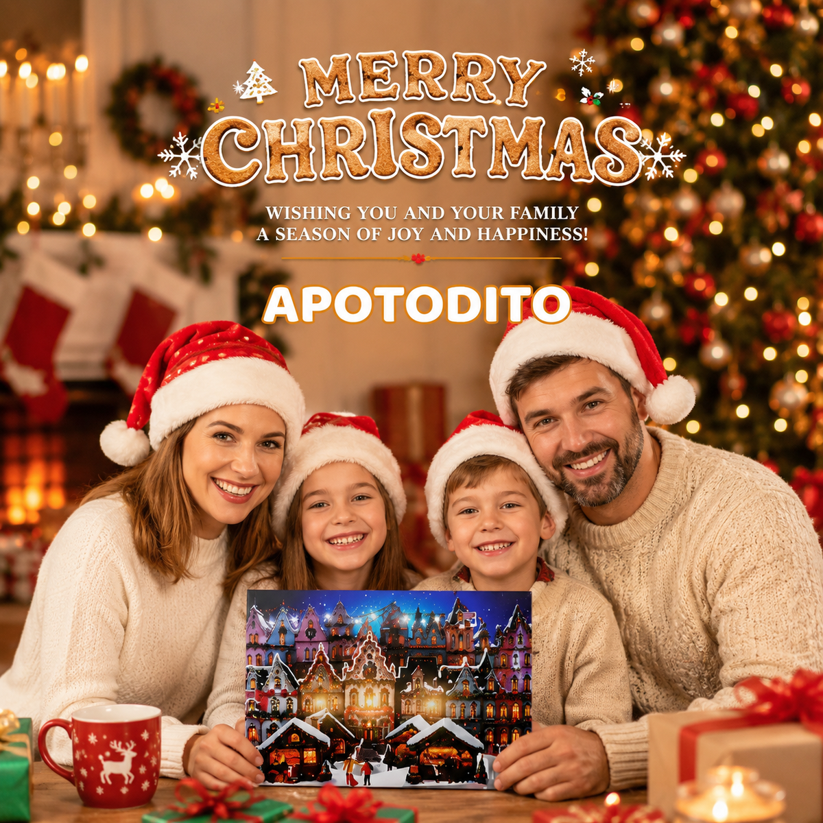 Christmas market card with music and lights, 3D pop-up scene